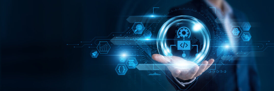 Businessman hand hold Algorithm Development and global networking data, designing intelligent solutions, optimizing data processing, improving computational performance, enabling software innovation.