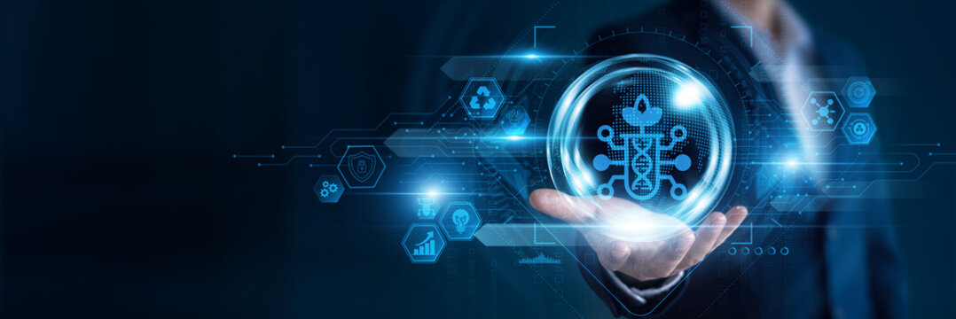 Businessman hand hold Biotechnology and global networking data, advancing scientific research, improving healthcare innovation, supporting laboratory analysis, driving medical discoveries.