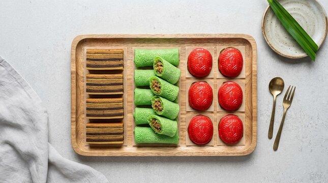 Lapis cake, putu ayu, and red thok cake with mung bean filling Indonesian traditional cake 