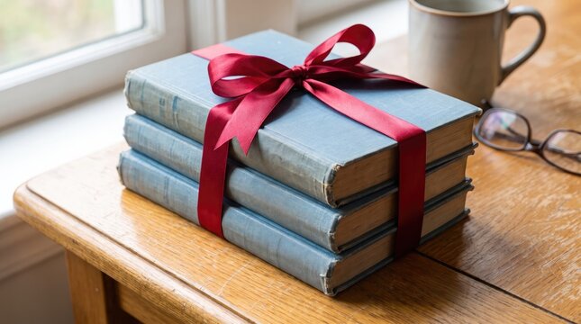 A stack of old books tied with a red ribbon as a thoughtful gift for happy teacher day celebration