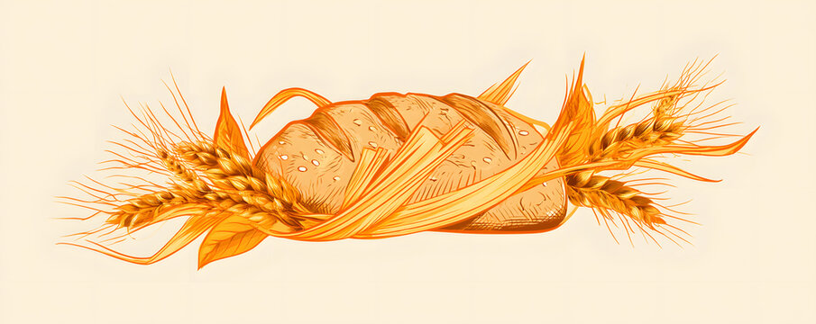 Background of rye cereal bread with leaf and wheat wrapper. Agricultural straw. Vector orange contour line. Horizontal banner.