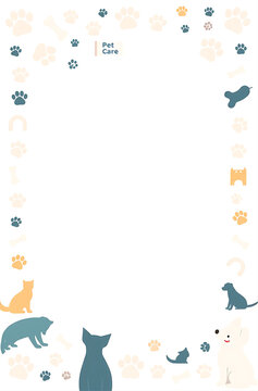 A vertical white background frame with various pet silhouettes and paw prints in blue and yellow, featuring cats, dogs, and pet care elements.