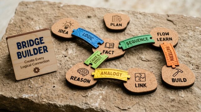 Educational wooden bridge builder logic game pieces placed on a rugged stone surface with words like idea fact and reason. Perfect for illustrating cognitive development and critical thinking skills.