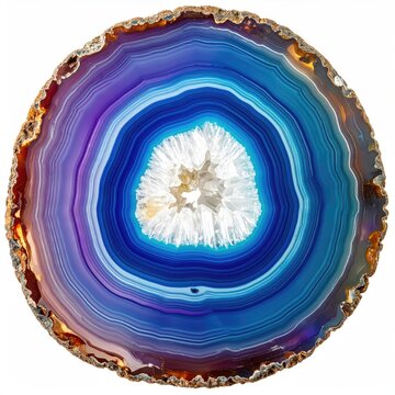 Sliced agate geode revealing concentric rings of blue, purple, and white crystals
