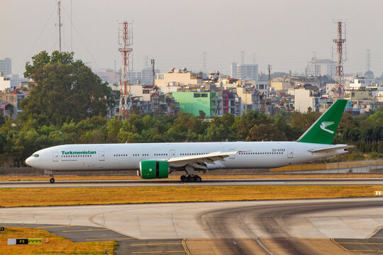 Ho Chi Minh City, Vietnam - March 21, 2024 : A Boeing 777-300ER Airplane Of Turkmenistan Airlines With Registration EZ-A782 Taxiing At Tan Son Nhat International Airport.