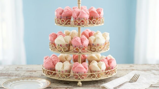 White and pink blossom steamed cupcake on the stall with blue background 