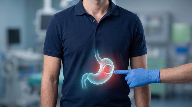 Doctor pointing at a digital hologram of a human stomach with a gastric band, representing bariatric surgery and weight loss treatment