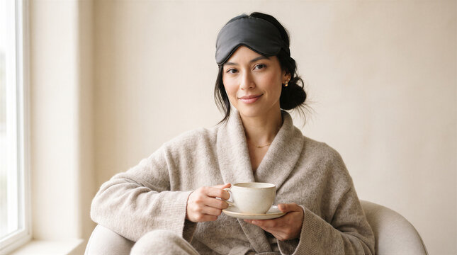 A woman wearing a sleep mask and a cozy robe, holding a cup of tea while sitting in a chair in a bright, minimalist room