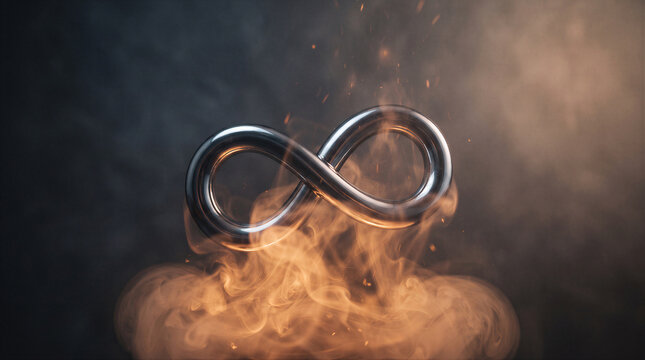 Infinity symbol made of polished metal glowing with fire and smoke on a dark background
