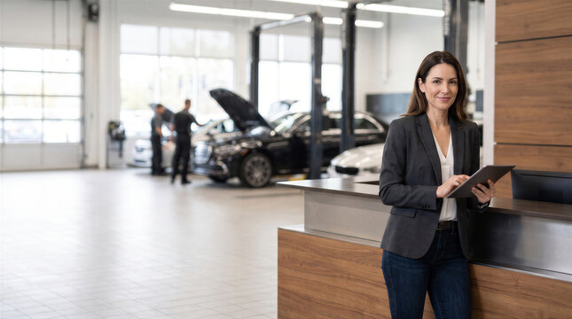 Professional female service advisor standing at a modern car dealership service center counter with a tablet, mechanics working in background