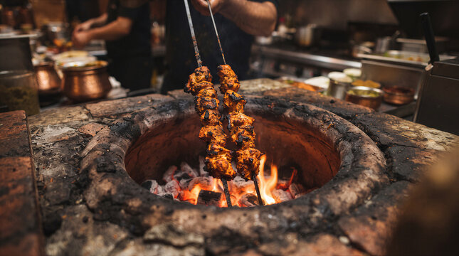 Closeup of delicious chicken tikka skewers being cooked over hot charcoal in a traditional clay tandoor oven in a restaurant kitchen
