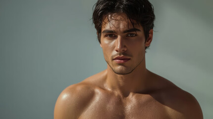 Fototapeta premium Young fit man bare shoulders sunlit portrait expressing calm confidence