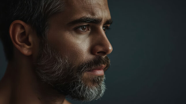 Mature athletic man close up portrait with salt and pepper beard, contemplative expression