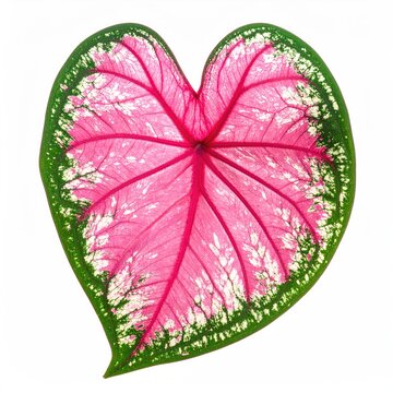 Vibrant pink leaf with green border, white speckles, and visible veins