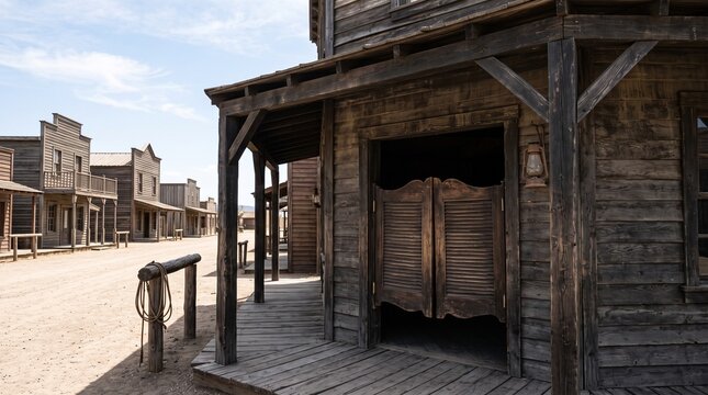 Abandoned western town with wooden buildings under blue sky  
