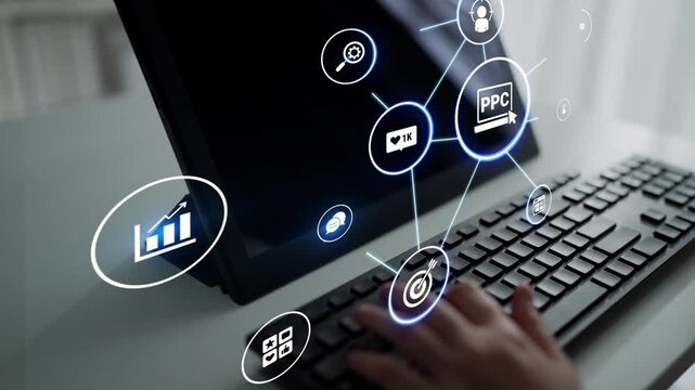 Concept of marketing online strategy using digital marketing, PPC campaigns, social media ads, and SEO analytics. Marketing online improves visibility, digital marketing drives engagement. Funnel