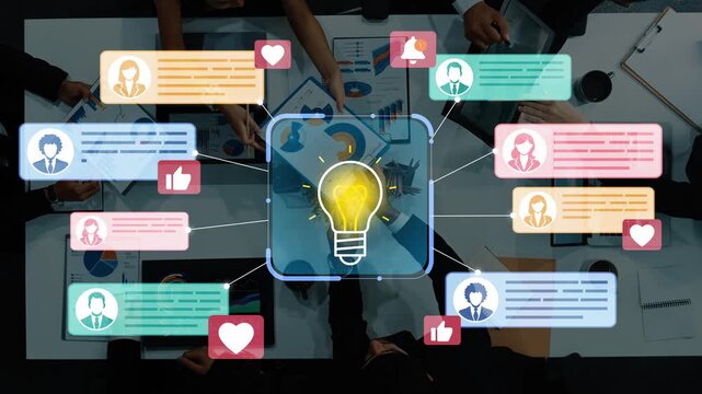 Collaborative brainstorming session with illustrated light bulb concept, social interactions, feedback icons, and diverse team members engaged in creative planning. Entropy.