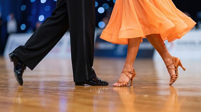 Low angle section view of ballroom dance couple legs performing gracefully on a shiny wooden floor during competition.