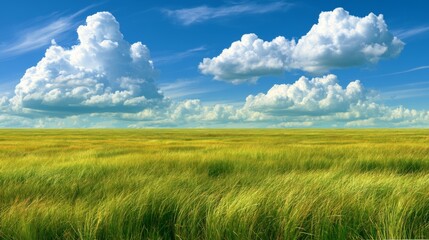 Obraz premium Expansive Green Field Under Blue Sky with Fluffy Clouds and Lush Grass Shimmering in Natural Light, Perfect for Nature and Landscape Themes