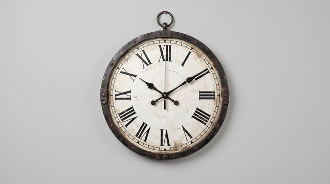 Vintage wall clock with Roman numerals on gray background  