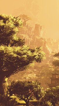 Golden sunlight bathes the lush greenery and towering cliffs in a peaceful valley. An elegant pagoda peeks through the trees, creating a sense of tranquility and ancient beauty.