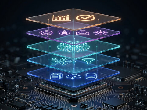 Digital data layers on circuit board with AI and analytics icons