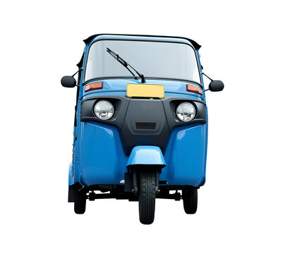 Front low angle view of a classic blue three wheeled auto rickshaw public transport vehicle known as Bajaj Indonesia, Jakarta City. Isolated on a transparent background for easy graphic design use.
