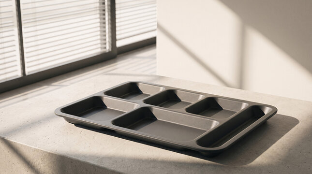 Empty partitioned black meal tray on a neutral countertop in bright interior lighting