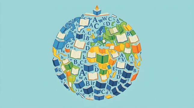 Colorful world globe formed by many open books and alphabet letters