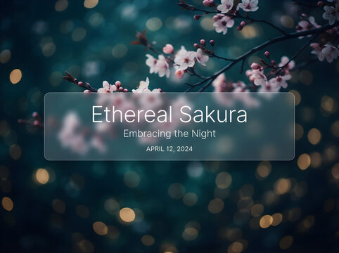 Ethereal Sakura cherry blossoms at night with bokeh background and glassmorphism overlay. Pink spring flowers on dark branches under soft moonlight