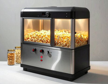 Commercial popcorn machine with glass doors, filled with freshly popped corn