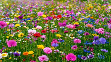 Fototapeta premium Vibrant Field of Colorful Wildflowers Blooming in Spring Under Clear Blue Sky, Natural Beauty of Floral Landscape Captured in Full Glory