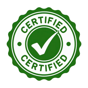 Green certified checkmark badge with white tick symbol isolated on transparent background