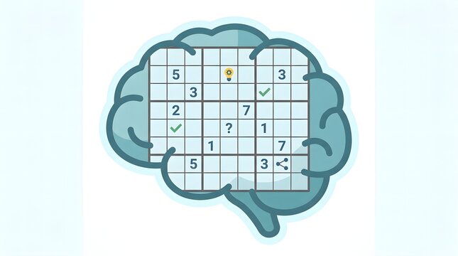 Human brain shaped illustration containing a complex sudoku puzzle grid design