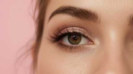 Fototapeta premium Sparkling eye makeup close up eyelash extension brown eye shimmery eyeshadow natural brow soft