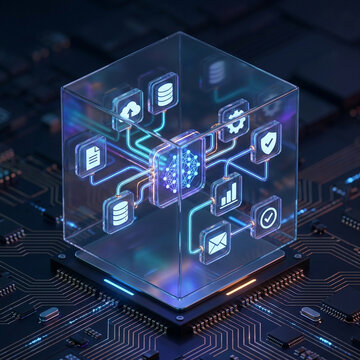 3D render of a transparent cube with glowing digital network and icons on a circuit board
