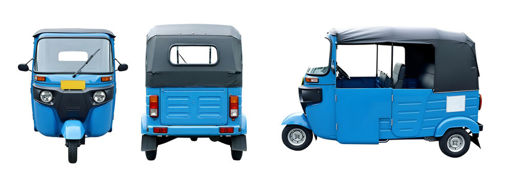 Set of three angles front back side view blue Bajaj Indonesia, Jakarta City auto rickshaw three wheeler vehicle mockup isolated on a transparent background vector clip art graphic object