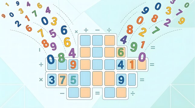 Colorful numbers flowing into a math puzzle grid for educational games