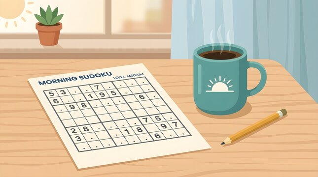 Challenging paper sudoku puzzle resting beside hot steaming morning coffee mug