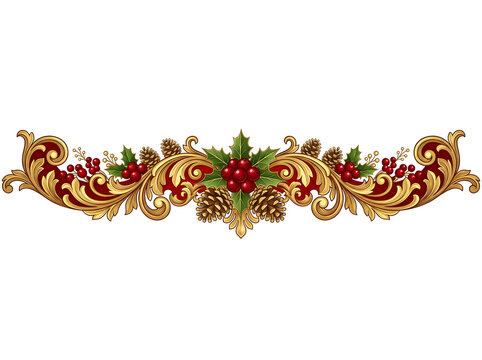 Vintage Christmas border with golden baroque scrolls and red holly berries, ornate holiday header featuring pine cones and green leaves on white background. Elegant Victorian style floral