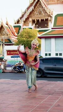 Traditional Thai Khon Dancer Performing Outside Grand Palace in Bangkok