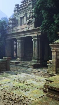 Sunlight filters through mist around majestic ancient temple ruins, showcasing intricate carvings and overgrown stones. Nature intertwines with history in a serene morning ambiance.