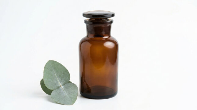 Vintage amber apothecary glass bottle next to a fresh eucalyptus leaf on a white background representing natural medicine, essential oils, and organic skincare.