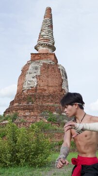 Muay Boran Martial Artist Training at Ayutthaya Ancient Temple Ruins