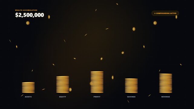Golden coin stacks forming a dynamic financial bar chart, illustrating wealth accumulation, investment success, and business prosperity with celebratory glitter