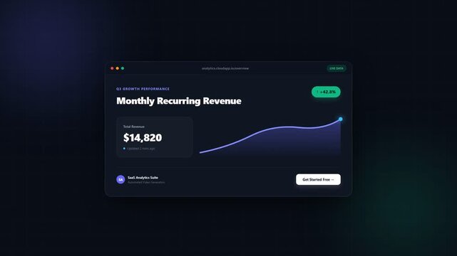Dark mode SaaS software application interface displaying monthly recurring revenue statistics and growth charts