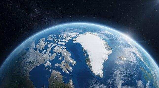 View of the earth from space focusing on the arctic and greenland