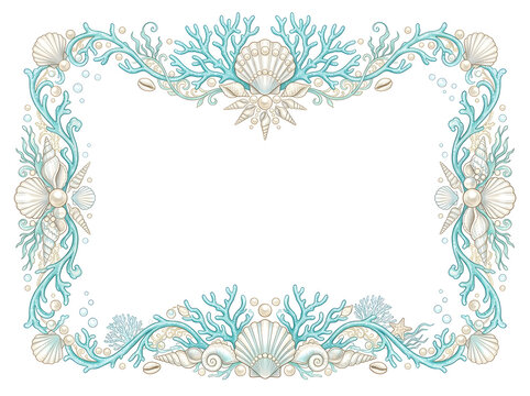 Coastal nautical border with seashells and turquoise coral branches, elegant marine frame featuring white pearls and ocean life illustrations. Decorative sea shell border for wedding invitations