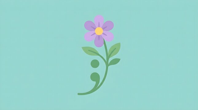 Purple flower illustration shaped like a semicolon on light background