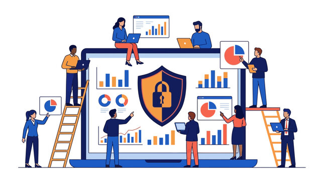 Business team analyzing data security dashboard on laptop screen with shield lock icon and financial charts vector illustration